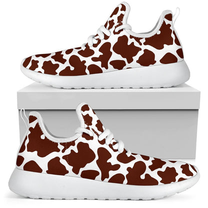 Chocolate Brown And White Cow Print Mesh Knit Shoes GearFrost