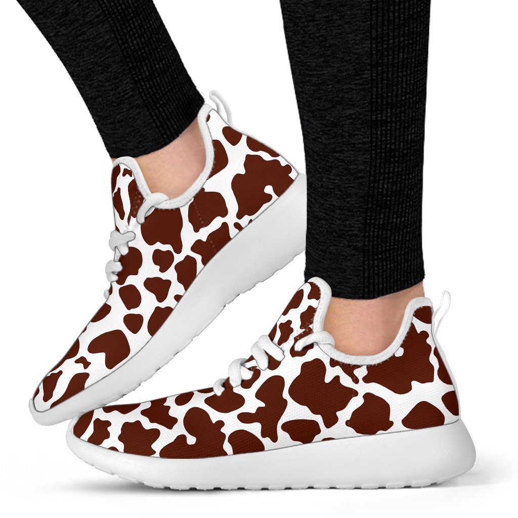 Chocolate Brown And White Cow Print Mesh Knit Shoes GearFrost