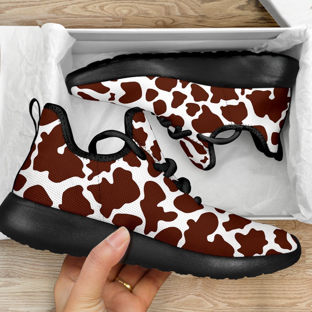 Chocolate Brown And White Cow Print Mesh Knit Shoes GearFrost