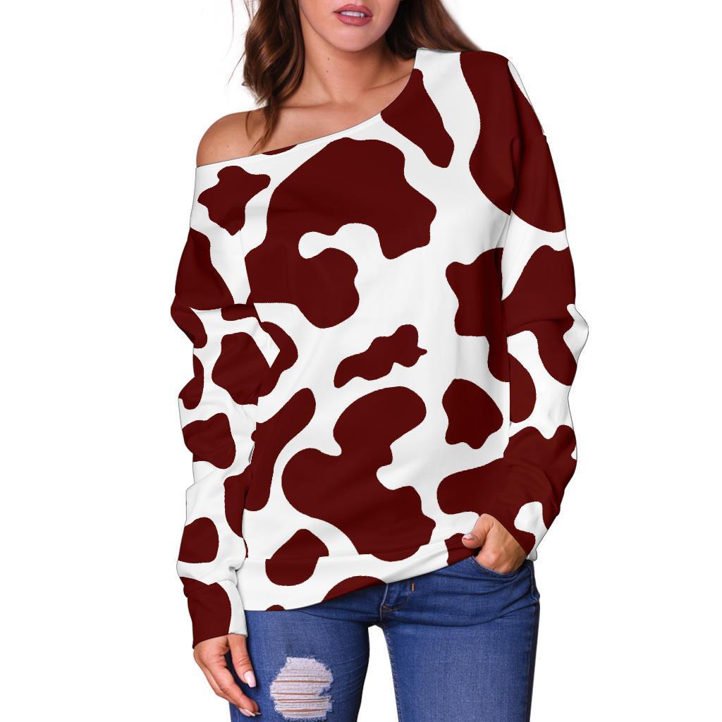 Chocolate Brown And White Cow Print Off Shoulder Sweatshirt GearFrost