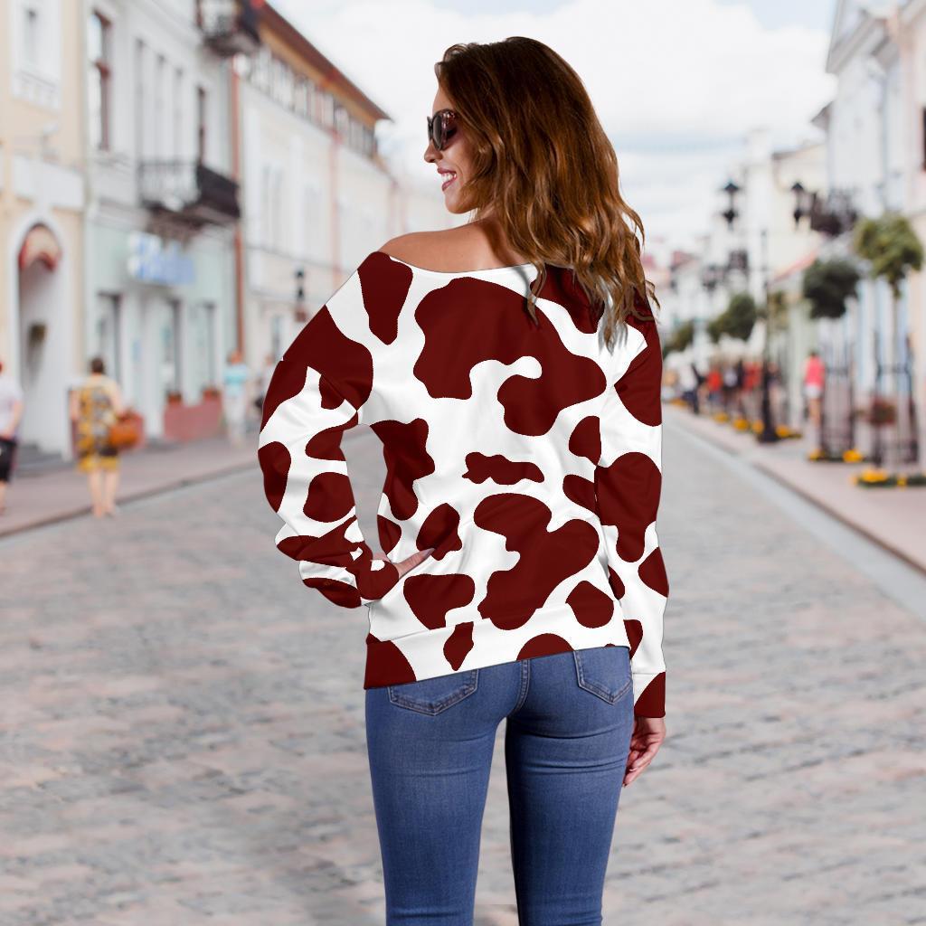 Chocolate Brown And White Cow Print Off Shoulder Sweatshirt GearFrost