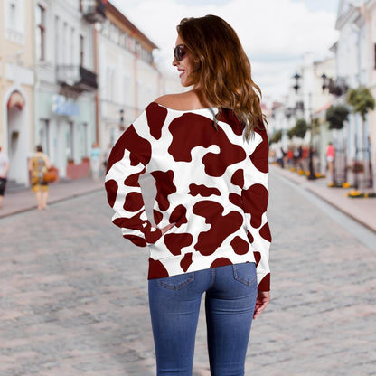 Chocolate Brown And White Cow Print Off Shoulder Sweatshirt GearFrost