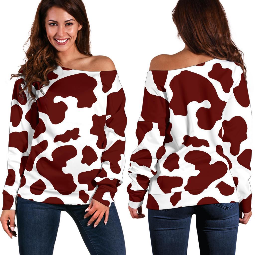 Chocolate Brown And White Cow Print Off Shoulder Sweatshirt GearFrost