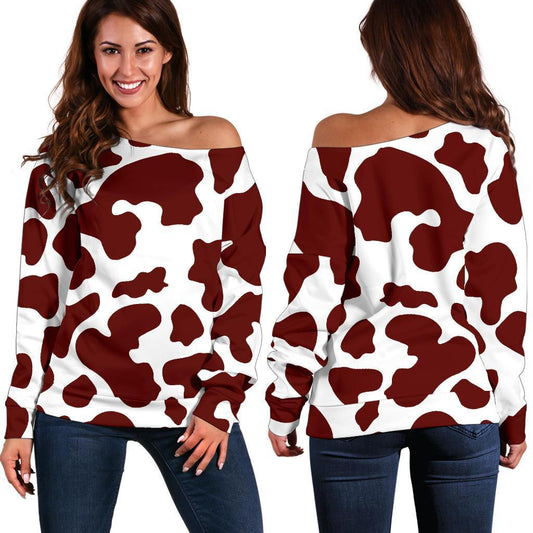 Chocolate Brown And White Cow Print Off Shoulder Sweatshirt GearFrost