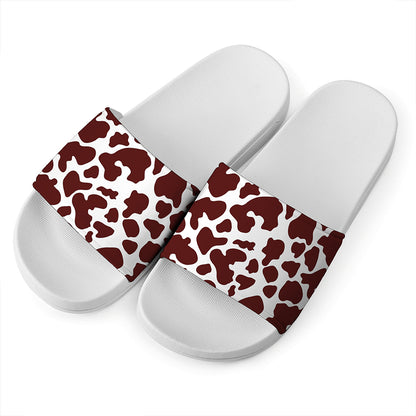 Chocolate Brown And White Cow Print White Slide Sandals