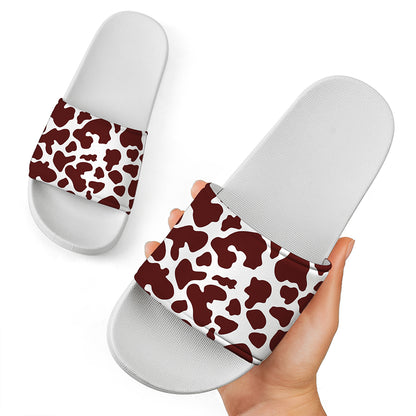 Chocolate Brown And White Cow Print White Slide Sandals