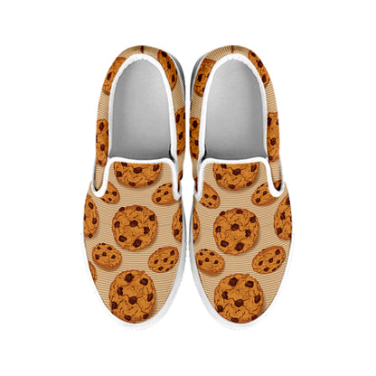 Chocolate Chip Cookie Pattern Print White Slip On Shoes
