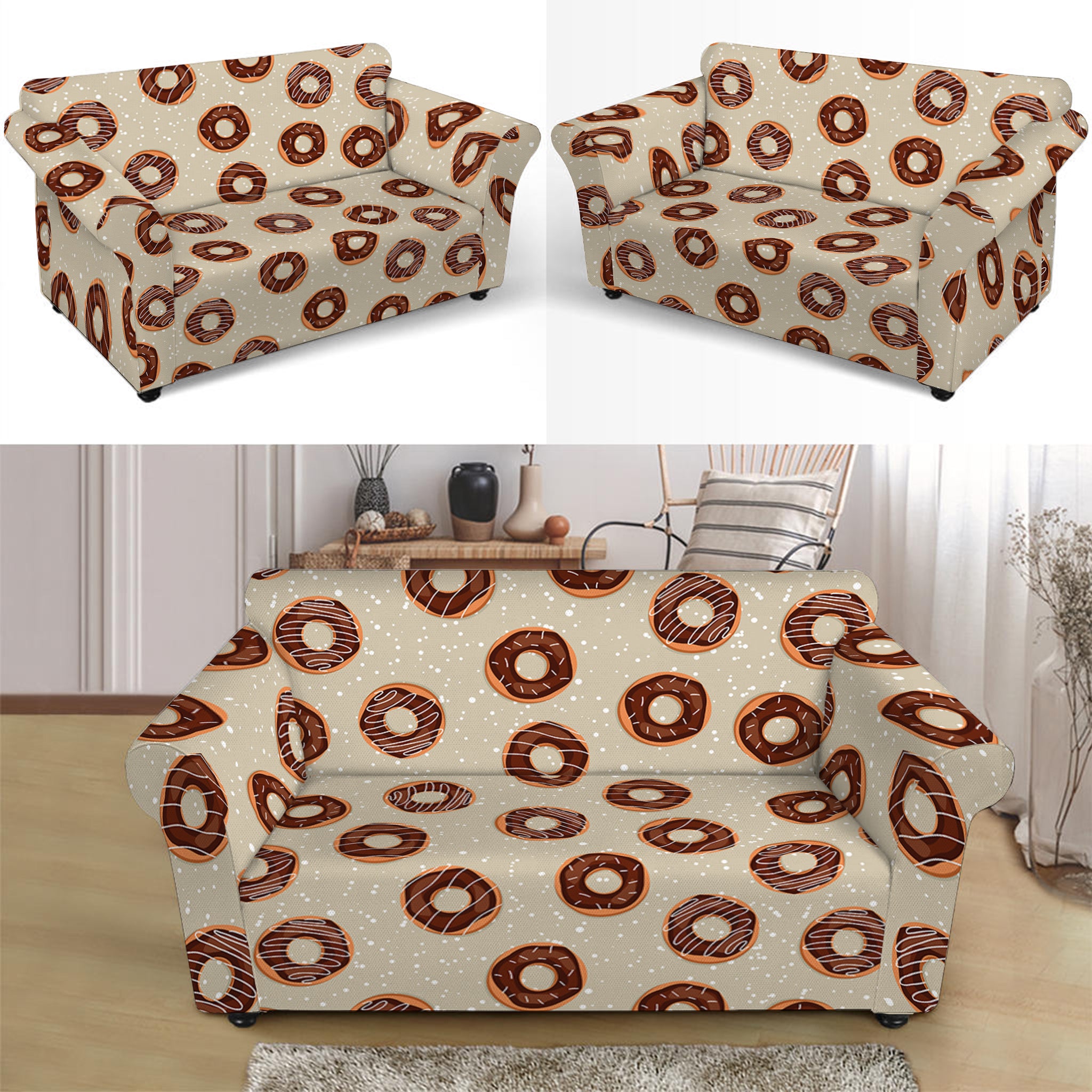 Chocolate Donuts Pattern Print Loveseat Slipcover