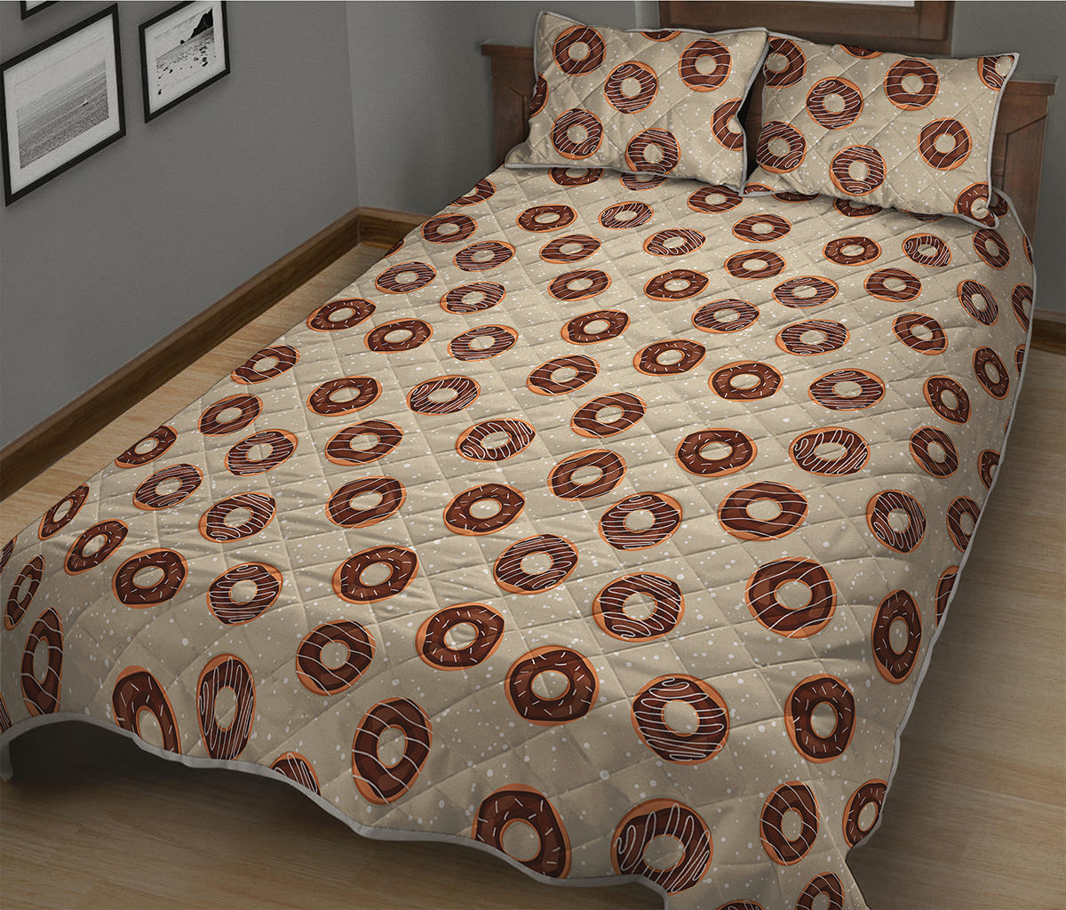 Chocolate Donuts Pattern Print Quilt Bed Set