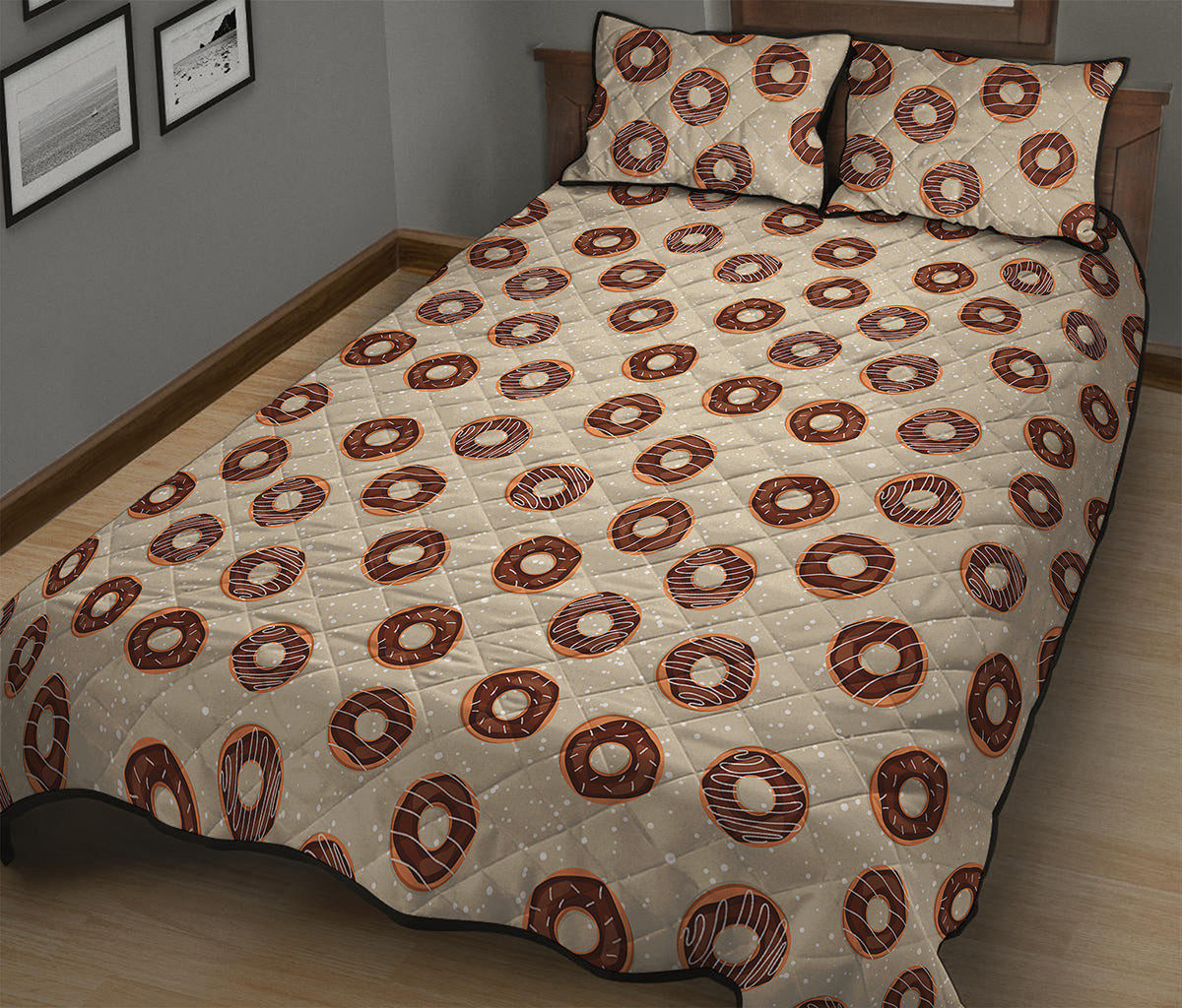 Chocolate Donuts Pattern Print Quilt Bed Set