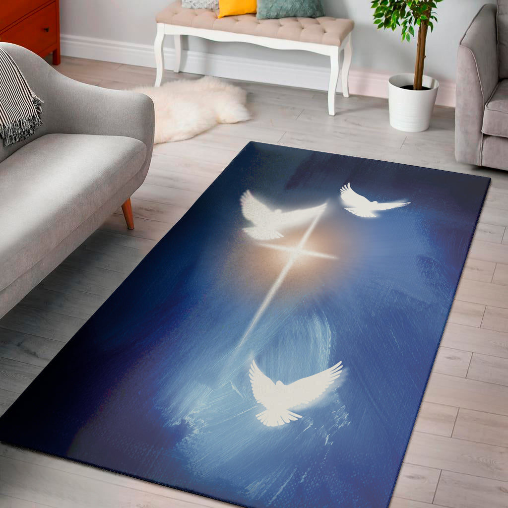 Christian Cross And White Doves Print Area Rug