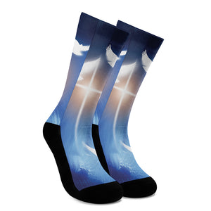 Christian Cross And White Doves Print Crew Socks