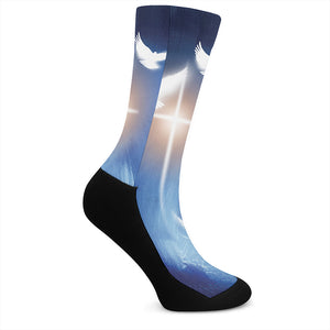 Christian Cross And White Doves Print Crew Socks