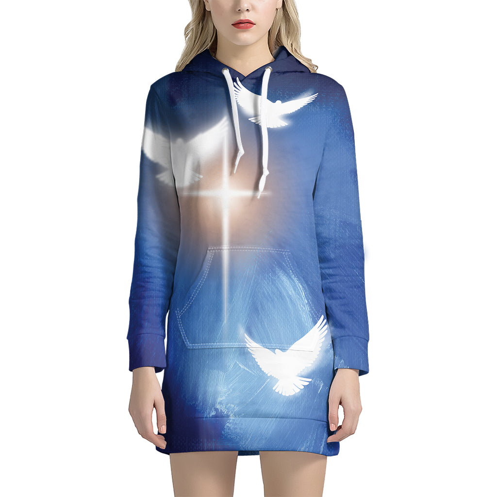 Christian Cross And White Doves Print Hoodie Dress