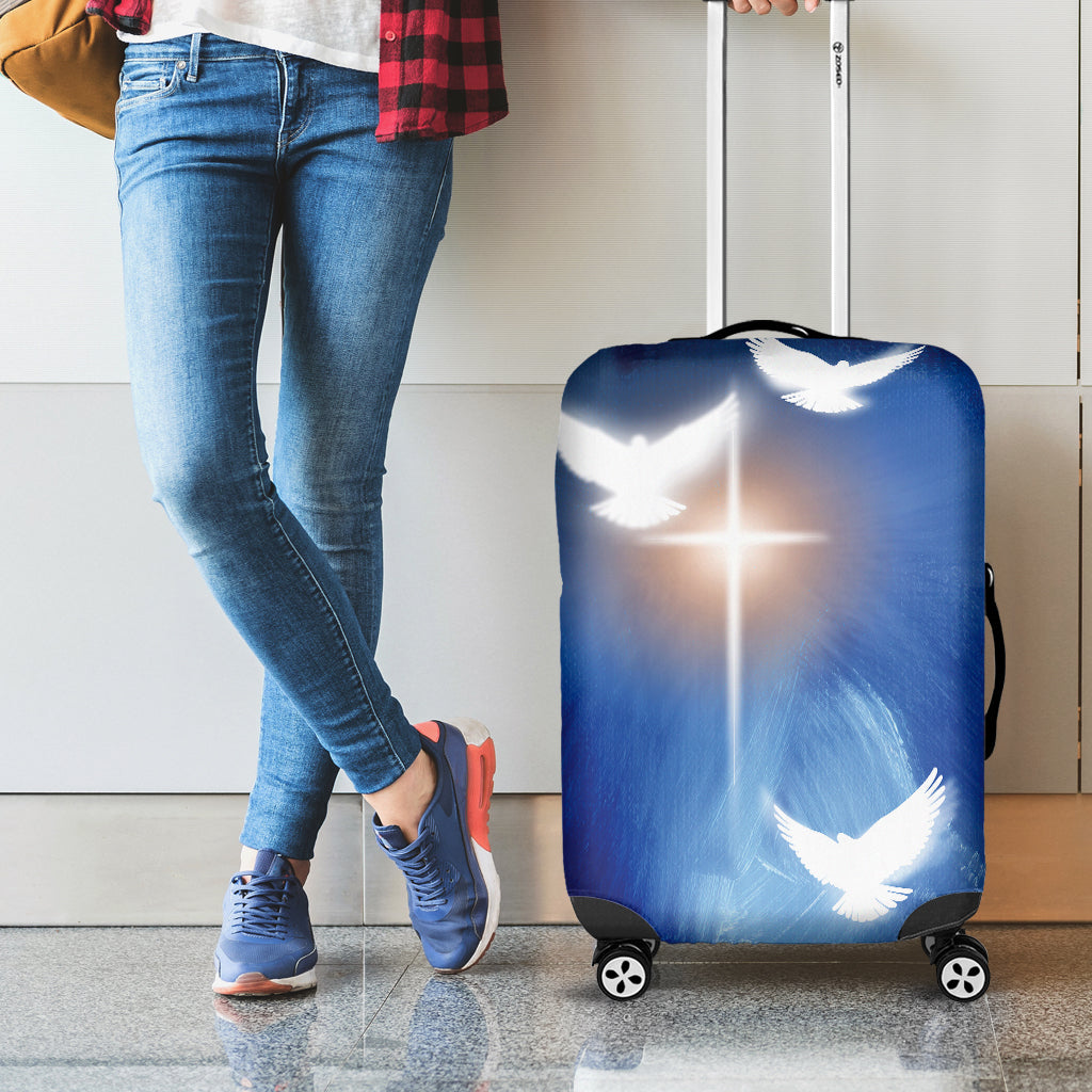 Christian Cross And White Doves Print Luggage Cover