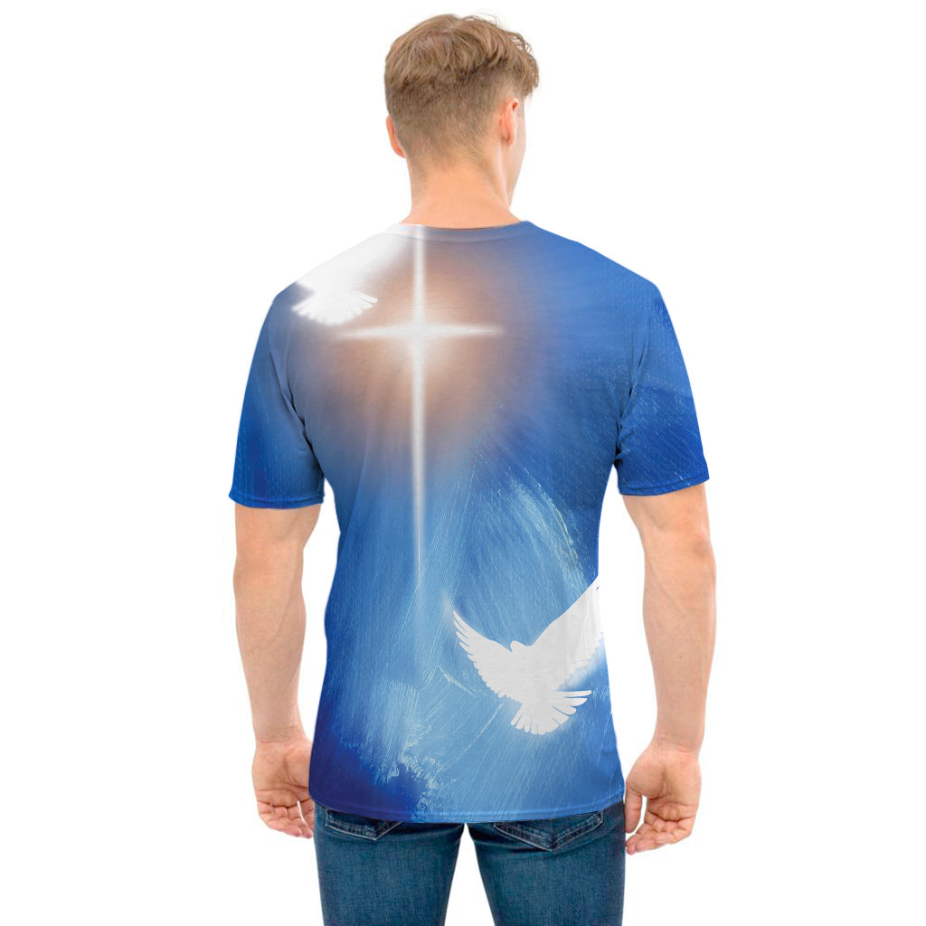 Christian Cross And White Doves Print Men's T-Shirt