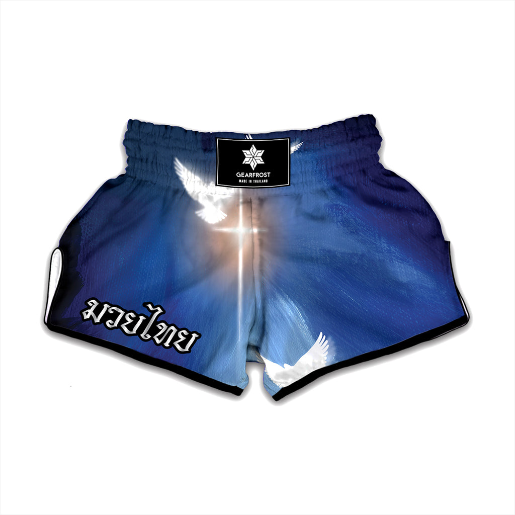 Christian Cross And White Doves Print Muay Thai Boxing Shorts