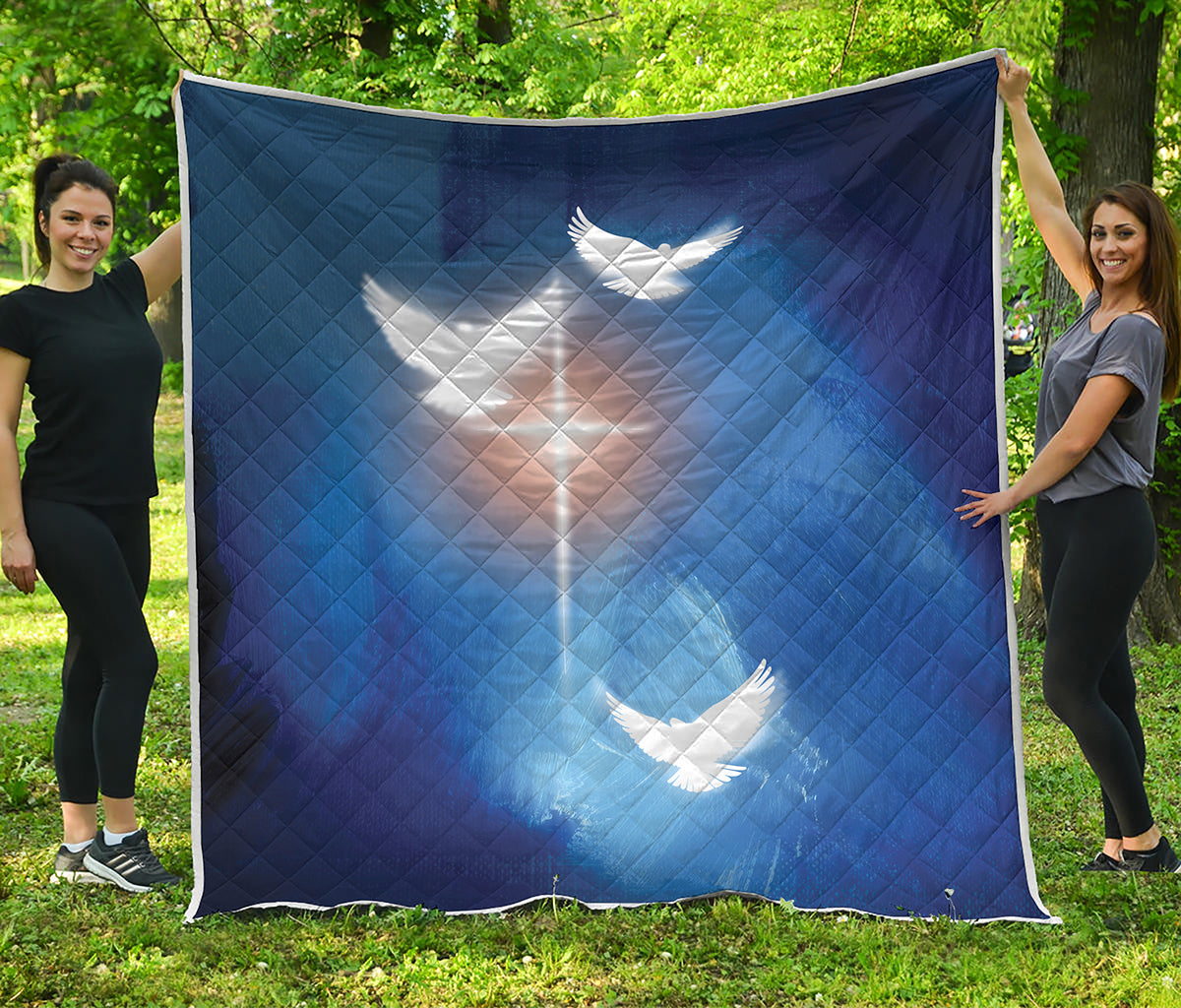 Christian Cross And White Doves Print Quilt