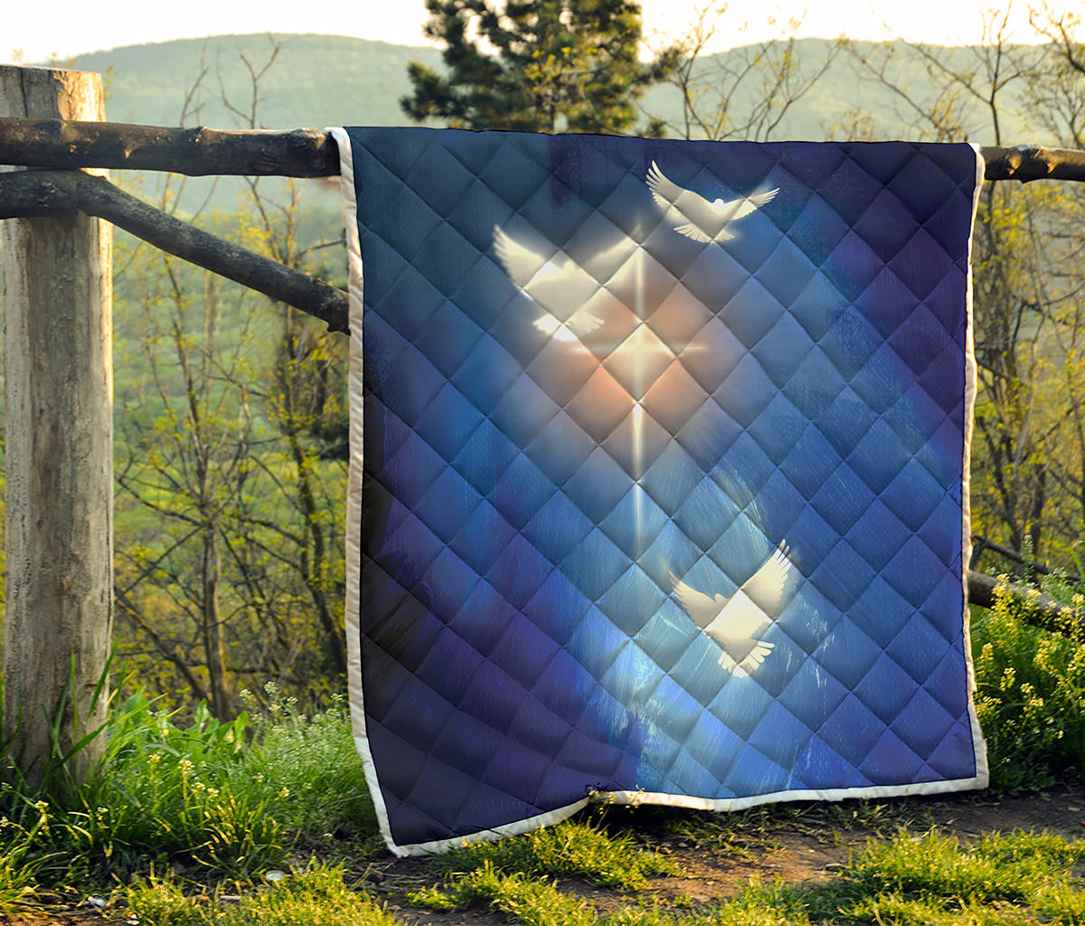Christian Cross And White Doves Print Quilt