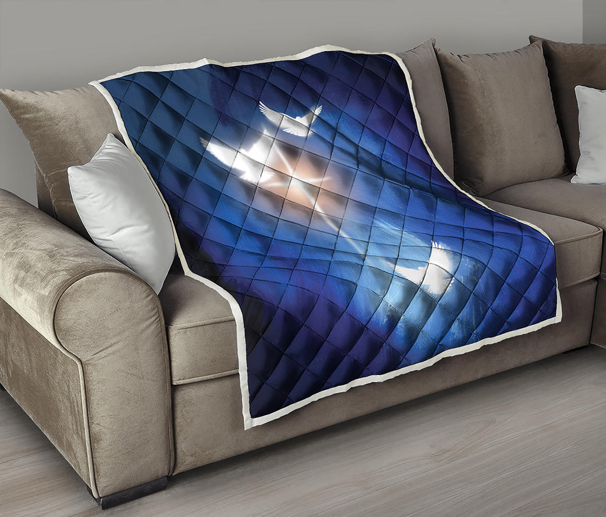 Christian Cross And White Doves Print Quilt