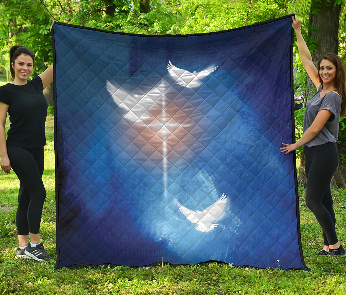 Christian Cross And White Doves Print Quilt