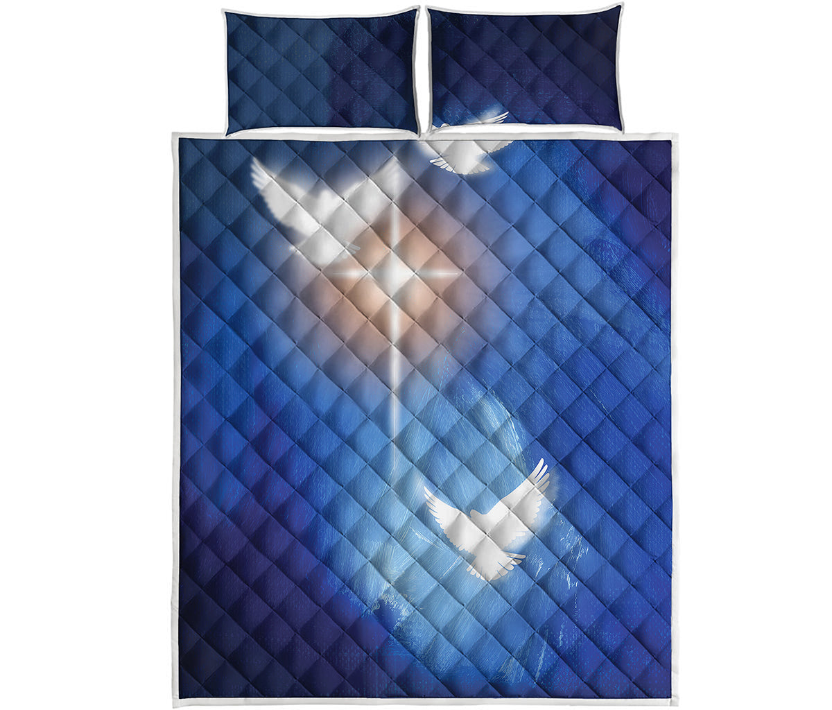 Christian Cross And White Doves Print Quilt Bed Set