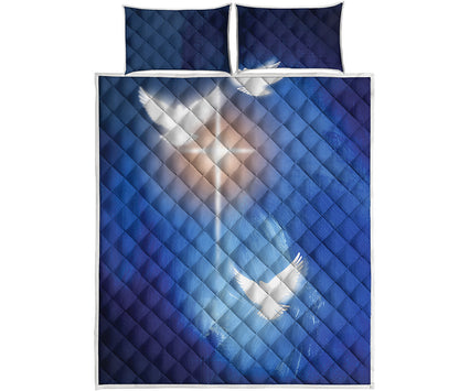 Christian Cross And White Doves Print Quilt Bed Set