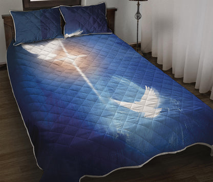 Christian Cross And White Doves Print Quilt Bed Set