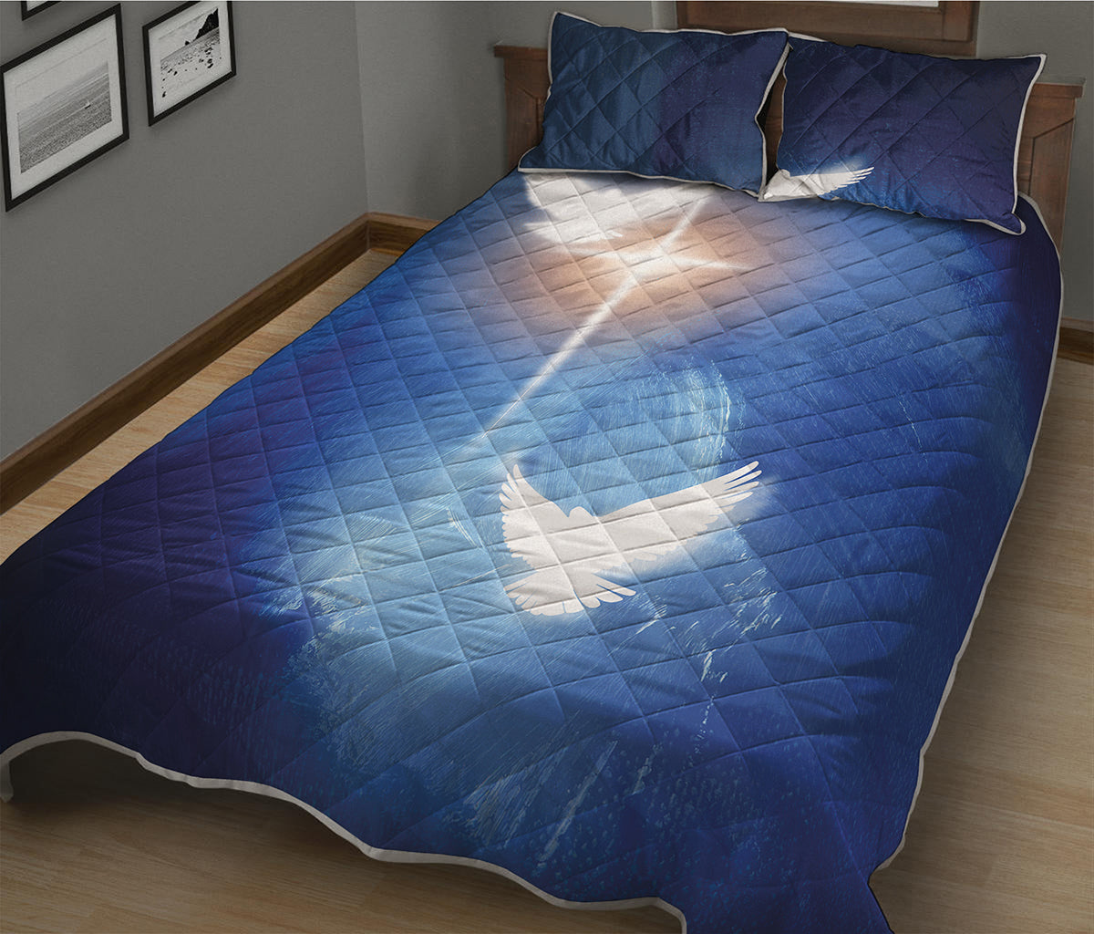 Christian Cross And White Doves Print Quilt Bed Set