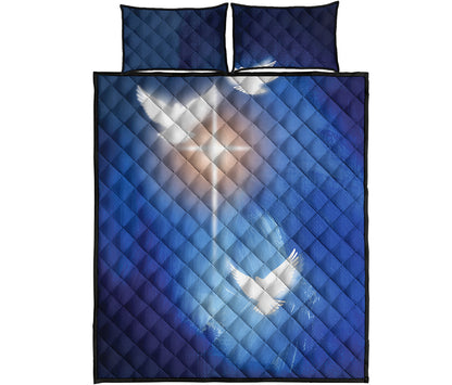 Christian Cross And White Doves Print Quilt Bed Set