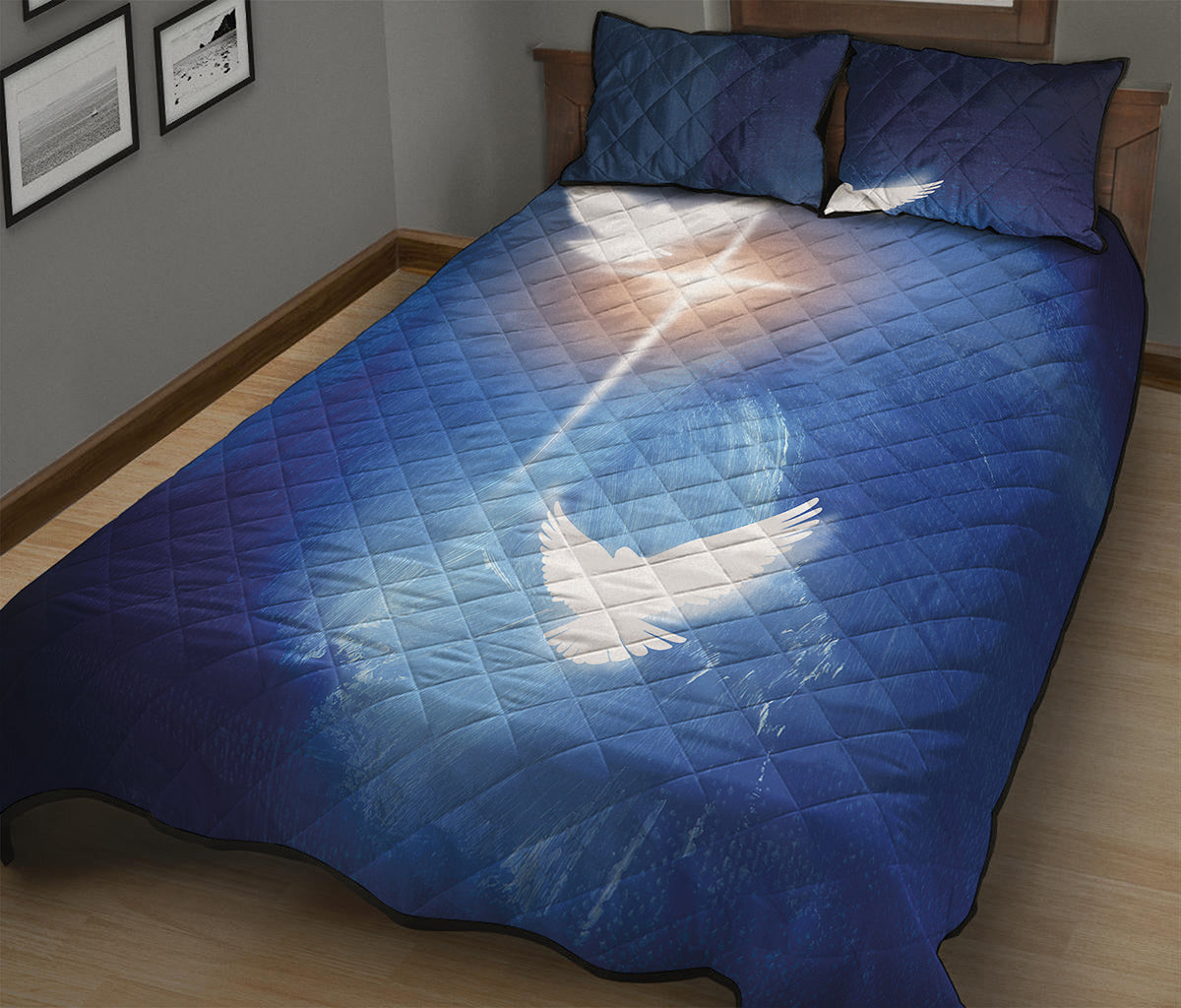 Christian Cross And White Doves Print Quilt Bed Set