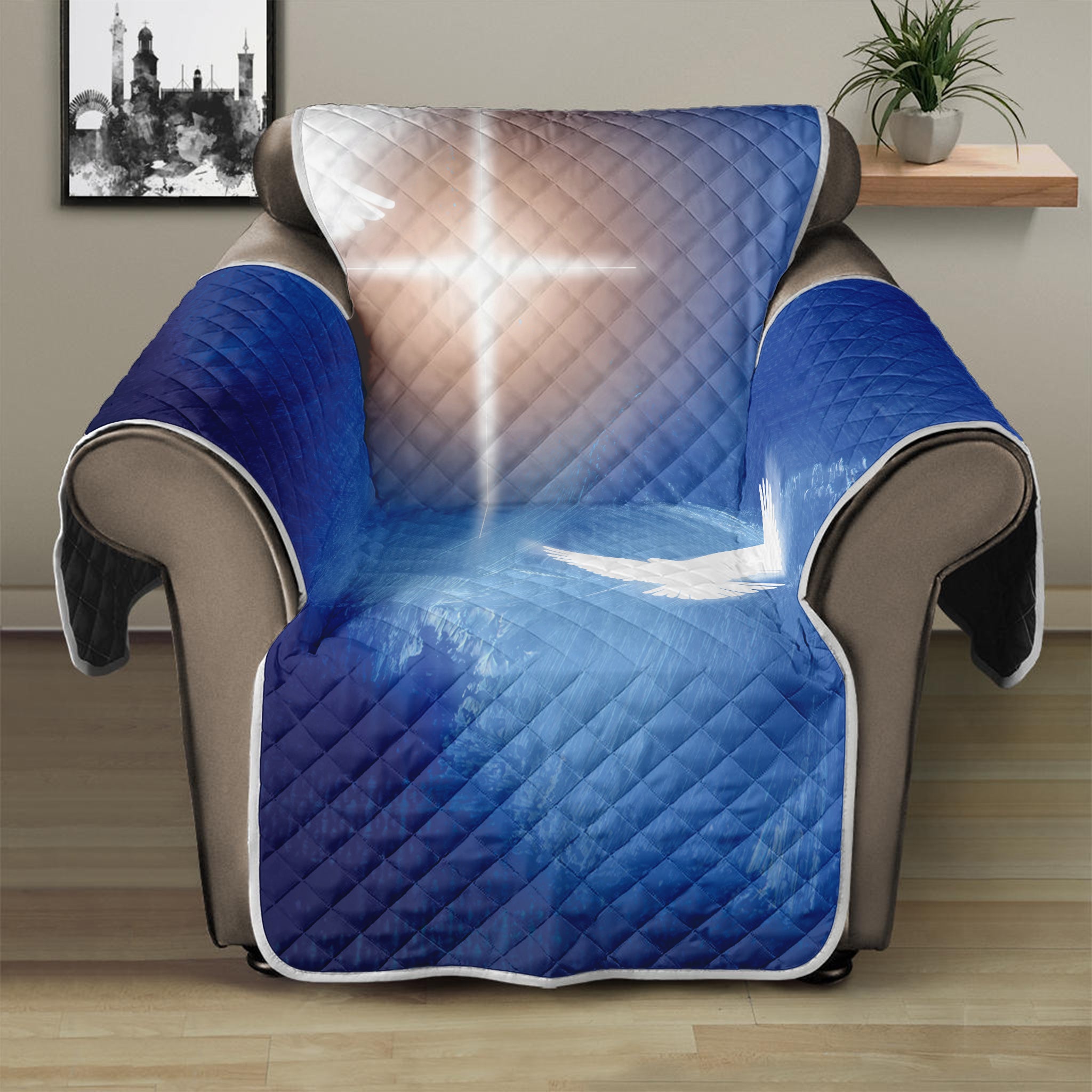 Christian Cross And White Doves Print Recliner Protector