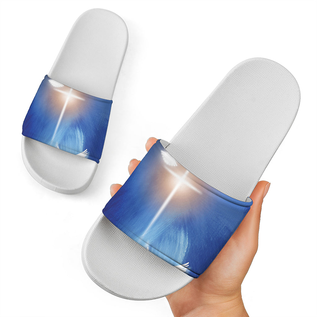Christian Cross And White Doves Print White Slide Sandals
