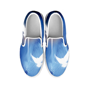 Christian Cross And White Doves Print White Slip On Shoes