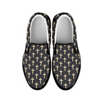 Christian Cross Pattern Print Black Slip On Shoes