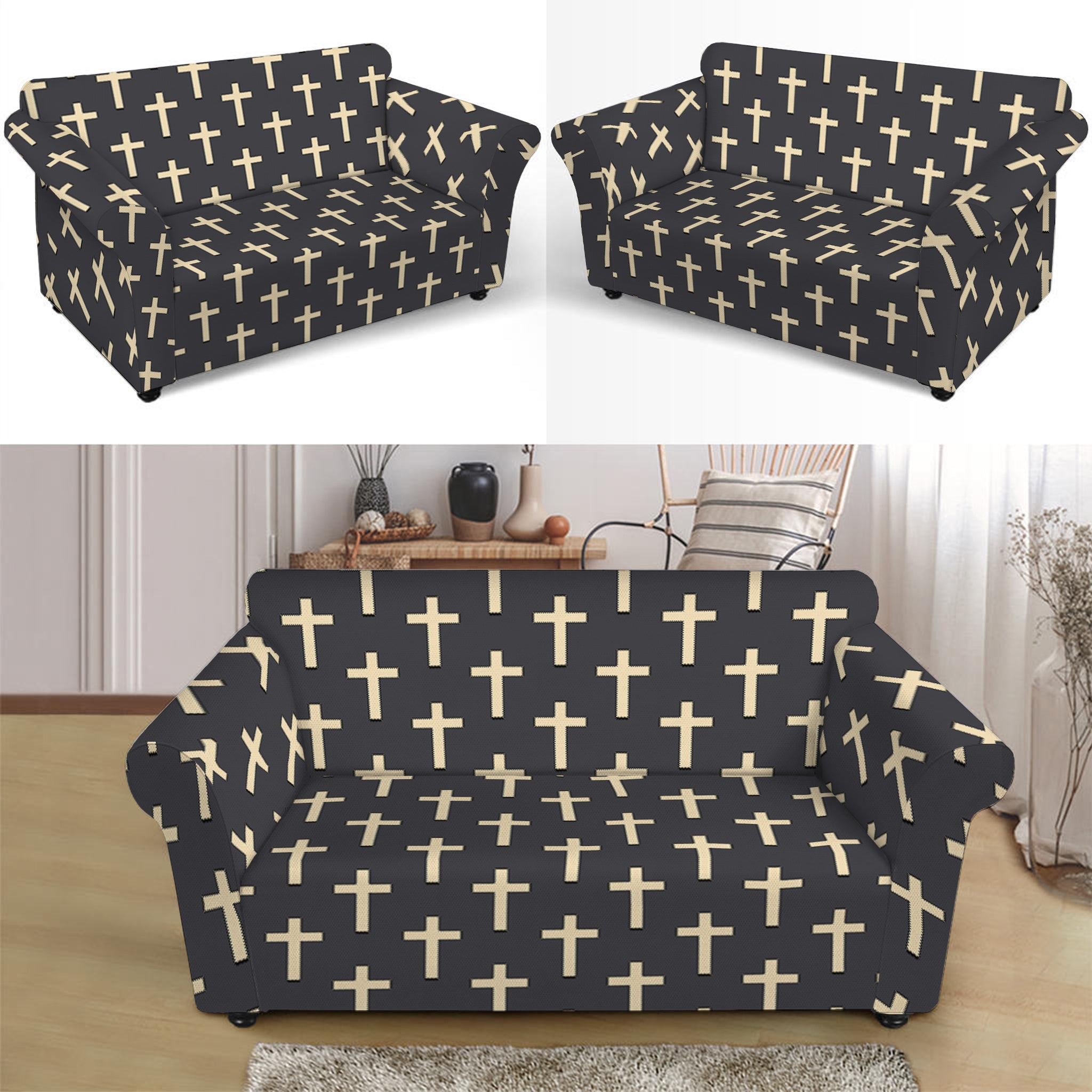 Christian Cross Pattern Print Loveseat Slipcover