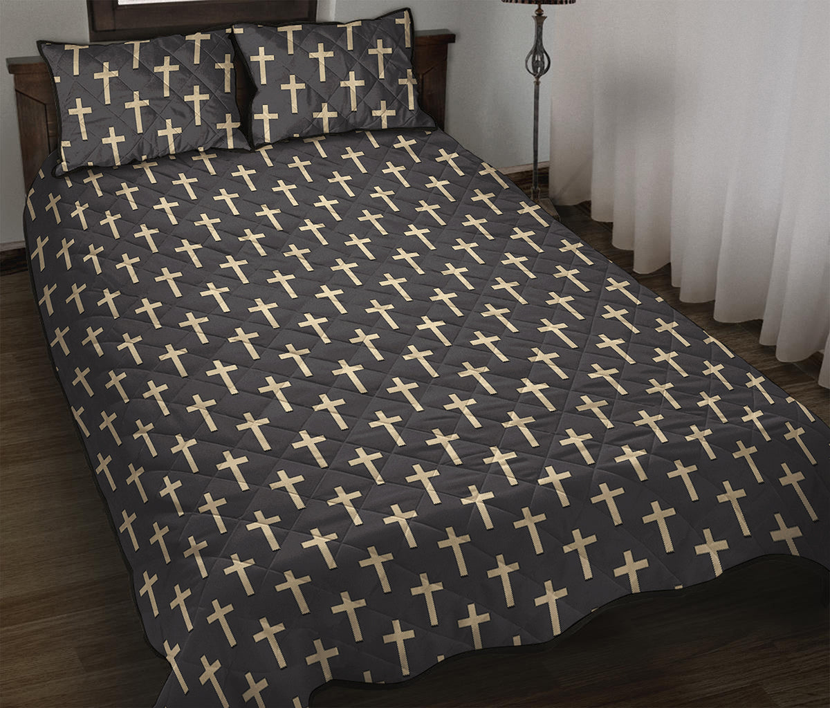 Christian Cross Pattern Print Quilt Bed Set