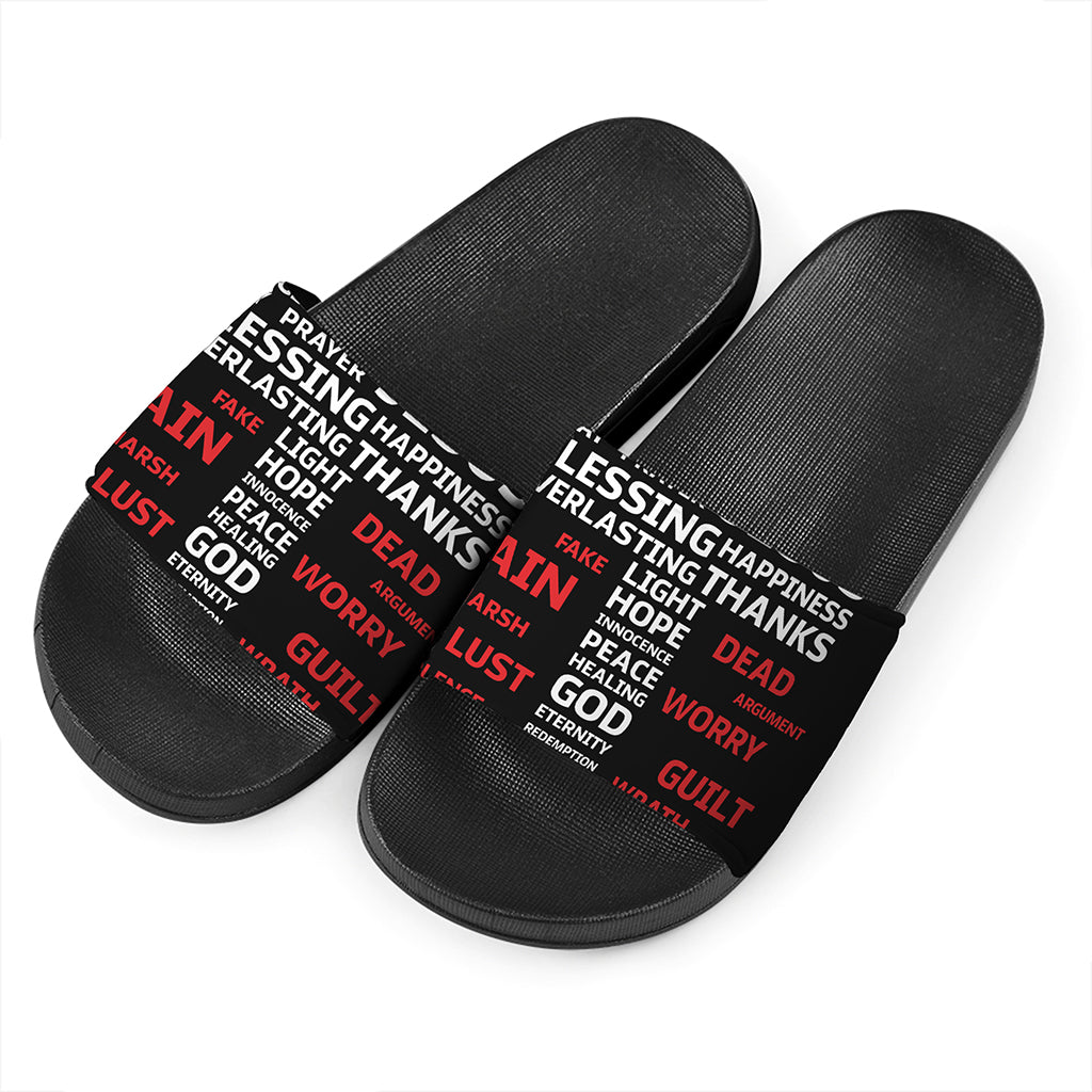 Christian Cross Religious Words Print Black Slide Sandals