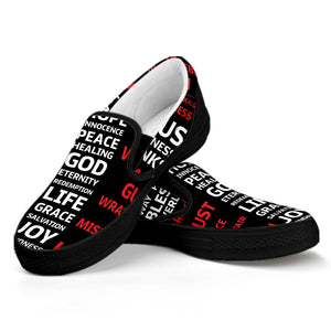 Christian Cross Religious Words Print Black Slip On Shoes