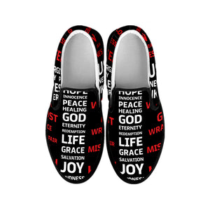 Christian Cross Religious Words Print Black Slip On Shoes