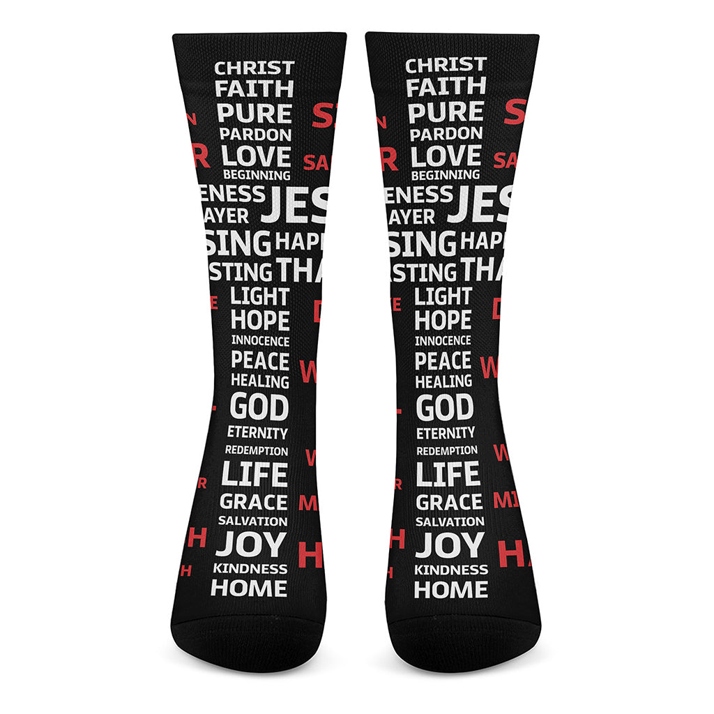 Christian Cross Religious Words Print Crew Socks