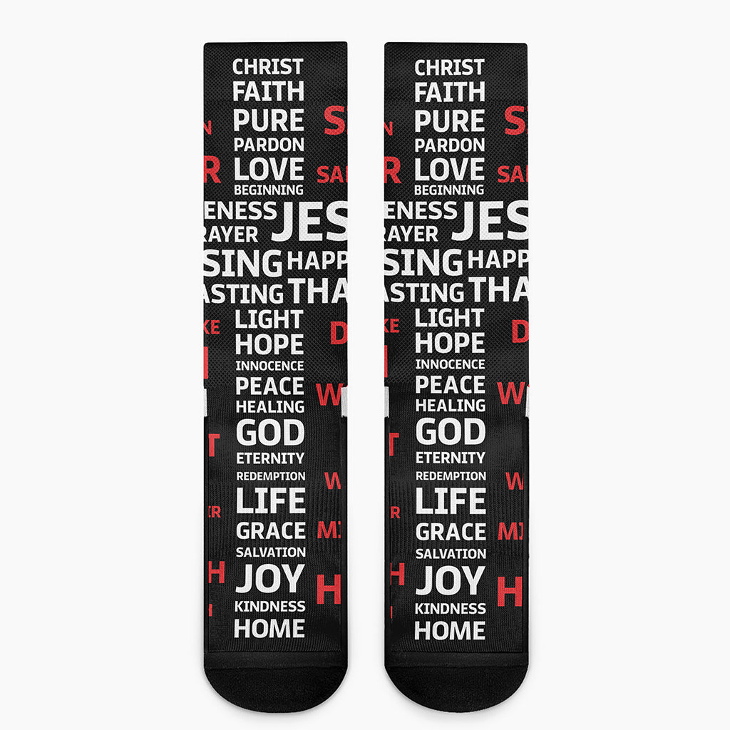 Christian Cross Religious Words Print Crew Socks