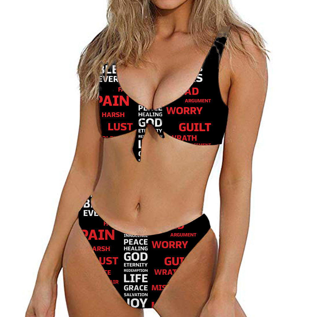 Christian Cross Religious Words Print Front Bow Tie Bikini