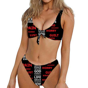 Christian Cross Religious Words Print Front Bow Tie Bikini