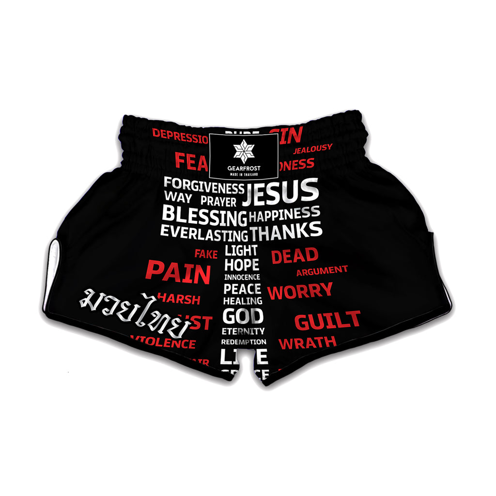 Christian Cross Religious Words Print Muay Thai Boxing Shorts