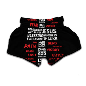 Christian Cross Religious Words Print Muay Thai Boxing Shorts