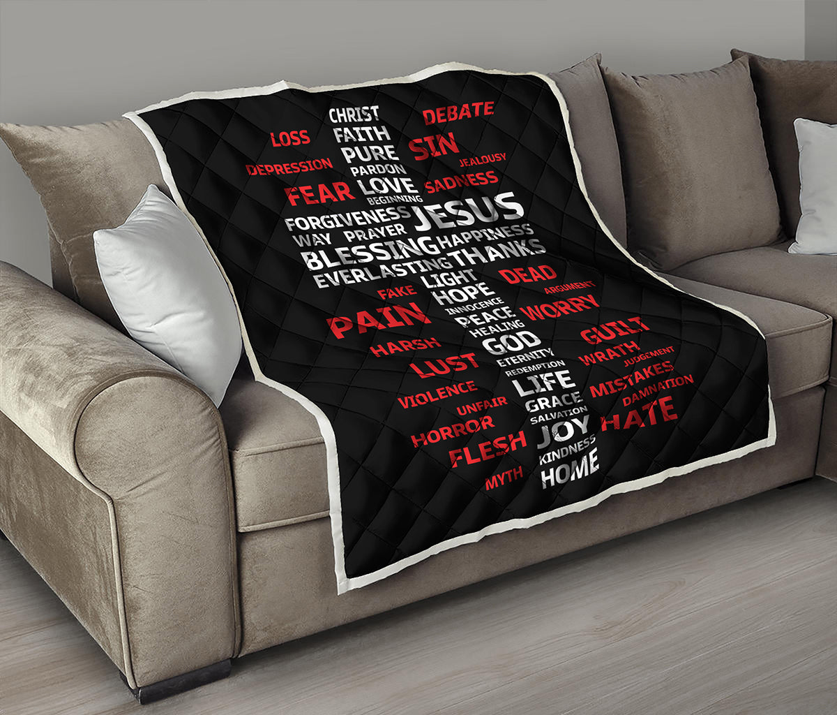 Christian Cross Religious Words Print Quilt