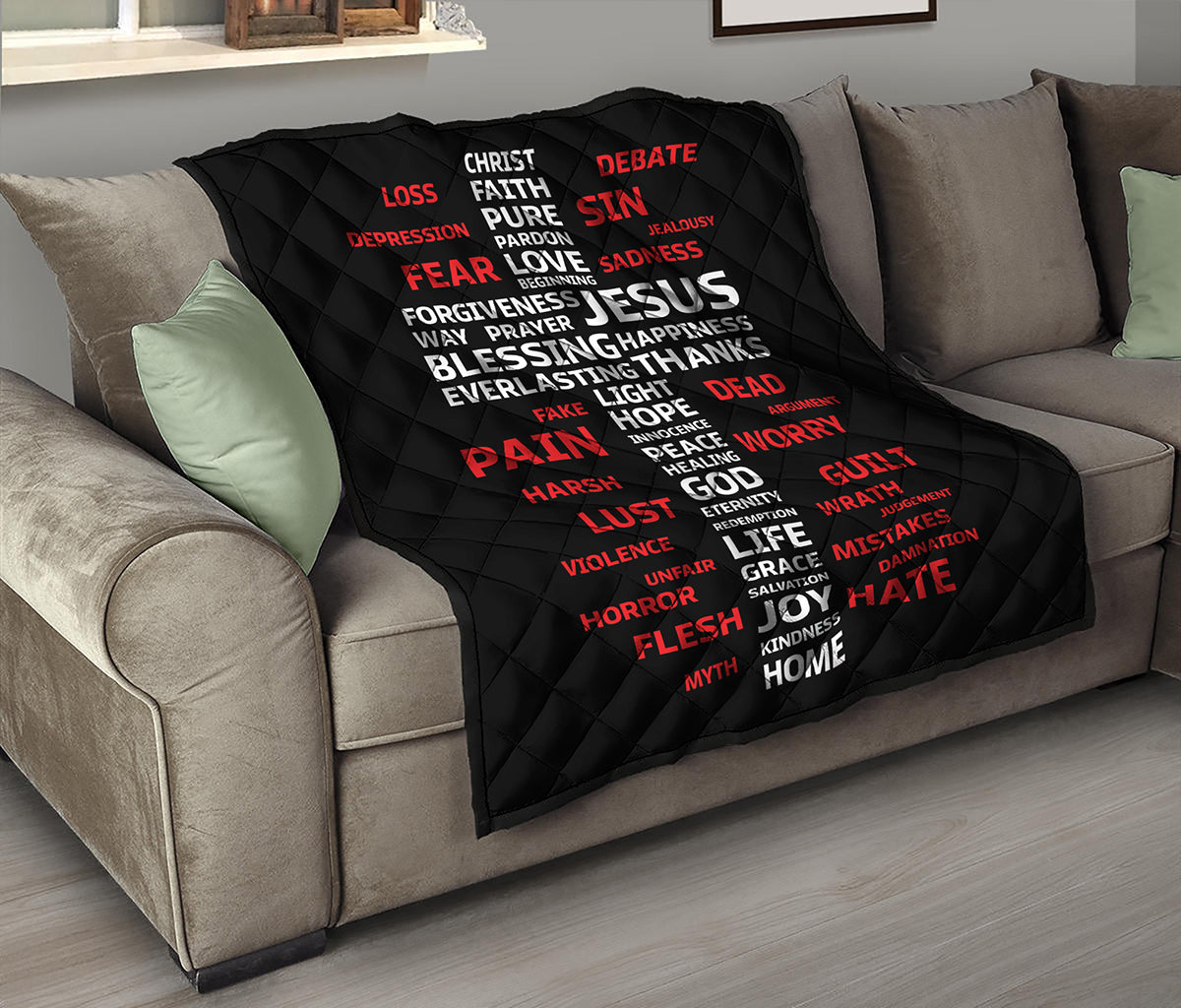 Christian Cross Religious Words Print Quilt