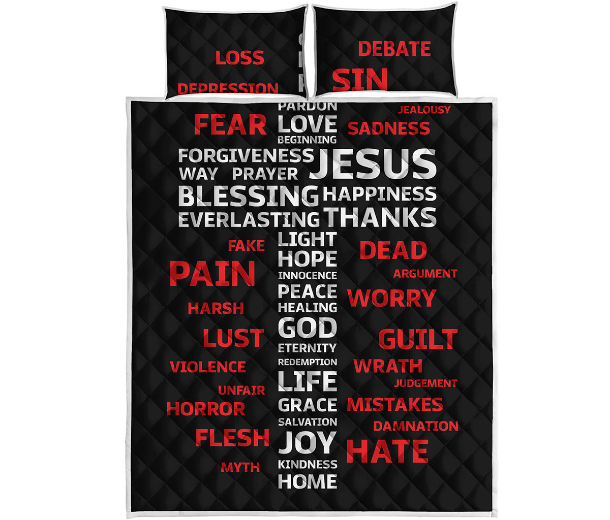 Christian Cross Religious Words Print Quilt Bed Set