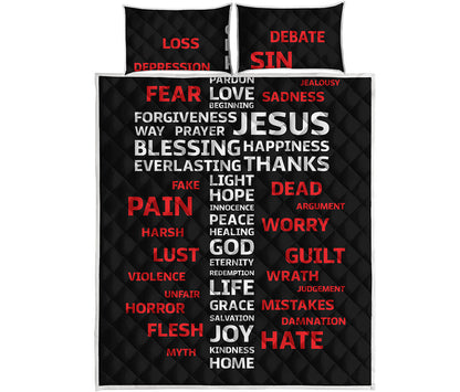 Christian Cross Religious Words Print Quilt Bed Set